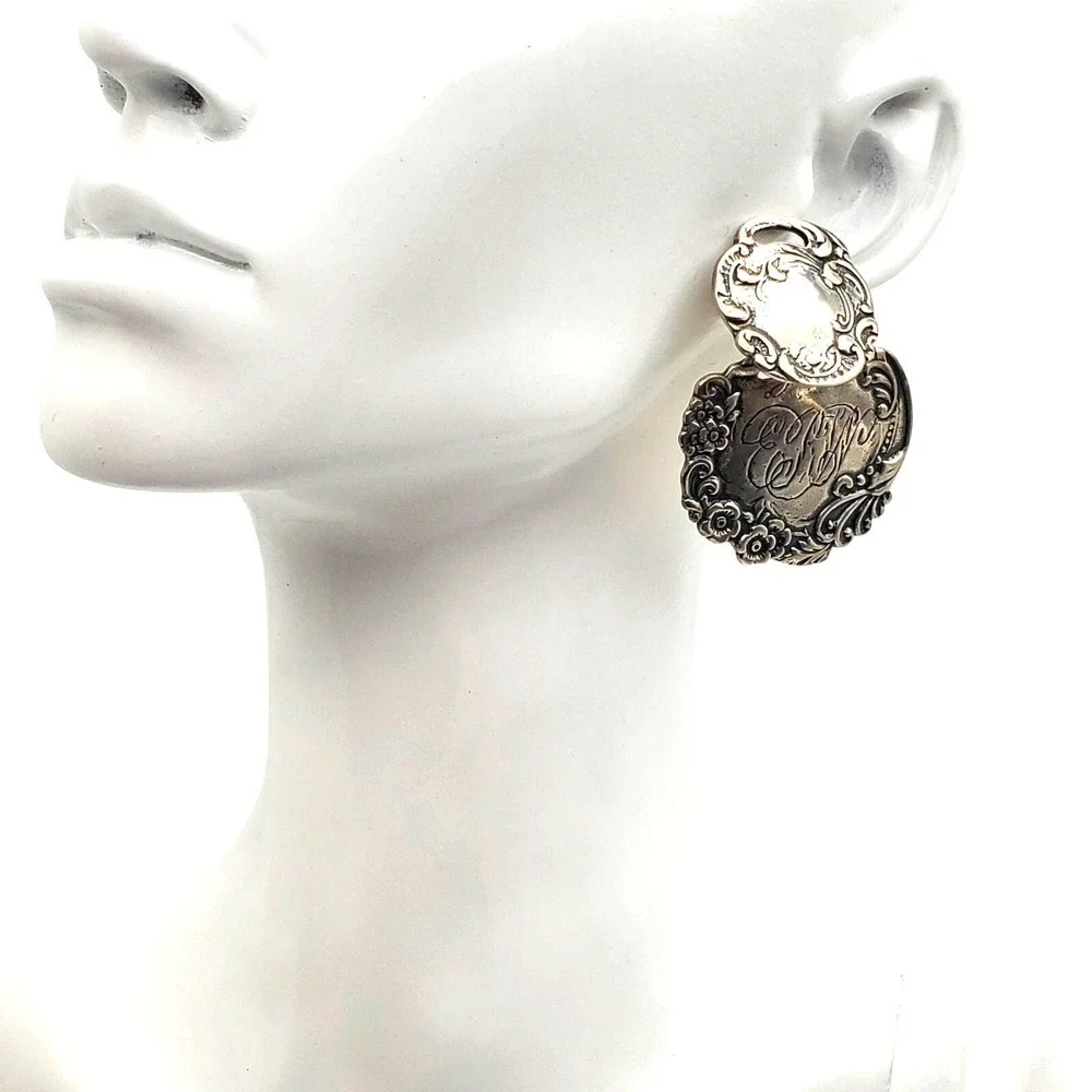 Foree Sterling Silver Earrings Luggage Tag Dangle 925 Victorian Repousse Pierced